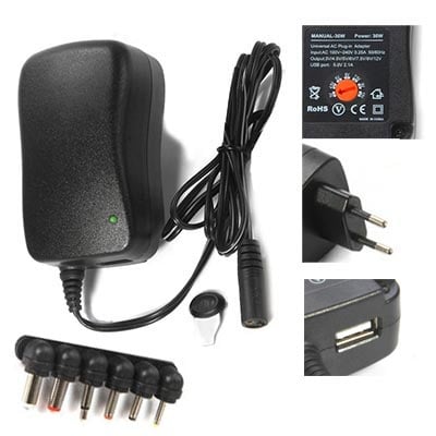 Adapter Switched-mode 30W, 3-12VDC, USB 5VDC/2.1A