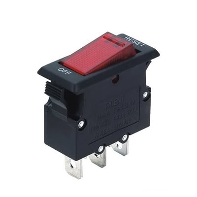 Thermal overoad circuit breaker, rocker type 15A/250VAC, illuminated
