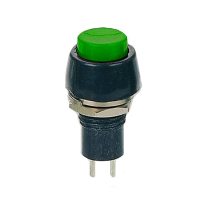 Push Button Switch M10, OD:15 mm, OFF-(ON), SPST, 1A/250VAC, GREEN