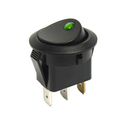 Illuminated Rocker Switch OD:20 mm, 3P ON-OFF, 6A/250VAC, GREEN DOT