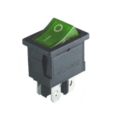 Illuminated Rocker Switch 19x13 mm, 4P,  2x ON-OFF, 6A/250VAC, GREEN