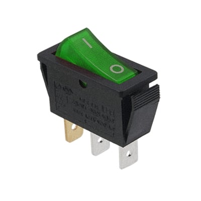 Illuminated Rocker Switch 28x11 mm, 3P ON-OFF, 15A/250VAC, NEON GREEN