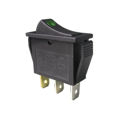 Illuminated Rocker Switch 28x11 mm, 3P ON-OFF, 15A/250VAC, GREEN DOT