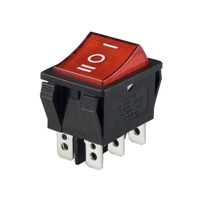 Illuminated Rocker Switch 28x22 mm, 6P, 2x ON-OFF-ON, 16A/250VAC, RED
