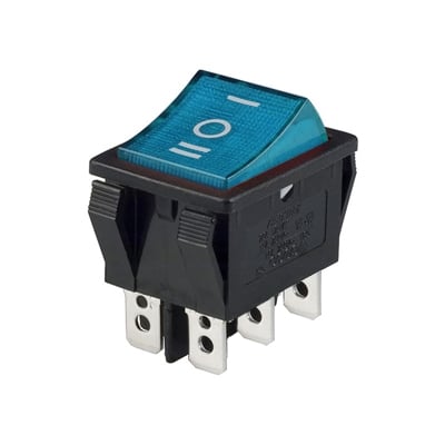 Illuminated Rocker Switch 28x22 mm, 6P, 2x ON-OFF-ON, 16A/250VAC, NEON BLUE