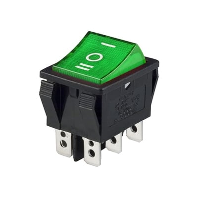 Illuminated Rocker Switch 28x22 mm, 6P, 2x ON-OFF-ON, 15A/250VAC, NEON GREEN