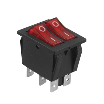 Illuminated Rocker Switch Double 28x22 mm, 6P, 2x ON-OFF, 16A/250VAC, RED