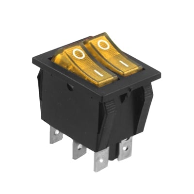 Illuminated Rocker Switch Double 28x22 mm, 6P, 2x ON-OFF, 15A/250VAC, YELLOW