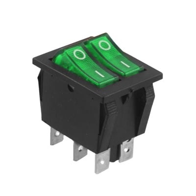 Illuminated Rocker Switch Double 28x22 mm, 6P, 2x ON-OFF, 15A/250VAC, NEON GREEN