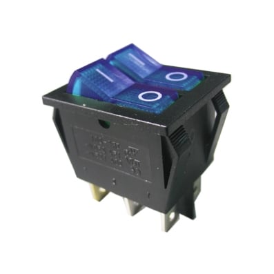 Illuminated Rocker Switch Double 28x22 mm, 6P, 2 xON-OFF, 15A/250VAC, NEON BLUE