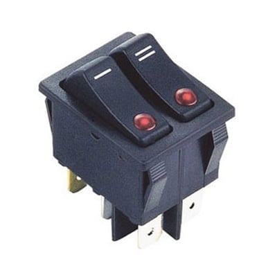Illuminated Rocker Switch Double 28x22 mm, 6P, 2x ON-OFF, 16A/250VAC, RED DOT