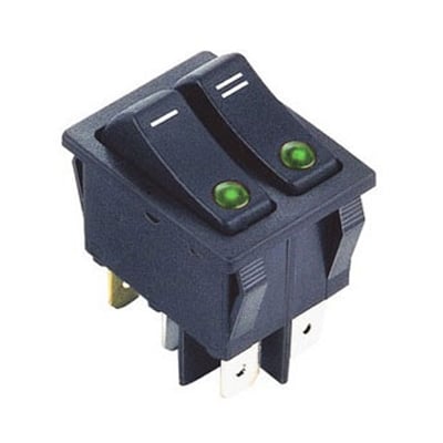 Illuminated Rocker Switch Double 28x22 mm, 6P, 2x ON-OFF, 15A/250VAC, GREEN DOT