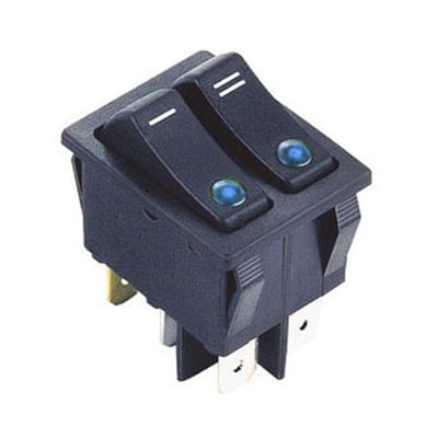 Illuminated Rocker Switch Double 28x22 mm, 6P, 2x ON-OFF, 15A/250VAC, BLUE DOT