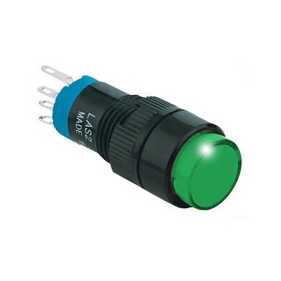Illuminated Push Button Switch M12, OD:14 mm, 2DPDT, 2x OFF-(ON), 0.5A/250V, 1A/24V, 12V GRN