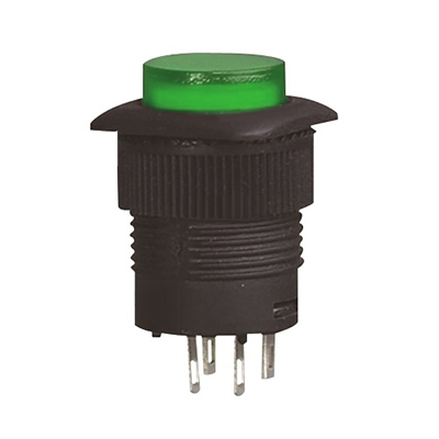 Illuminated Push Button Switch M16, OFF-(ON), SPST, 3A/250V, LED GRN