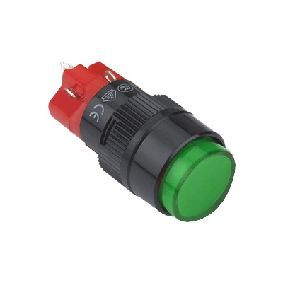Illuminated Push Button Switch M16, OD:18 mm, OFF-(ON), SPST, 5A/250V, 2A/24V, 250V GRN