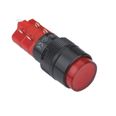 Illuminated Push Button Switch M16, OD:18 mm, 2DPDT, 2x OFF-(ON), 5A/250V, 2A/24V, 12V RED