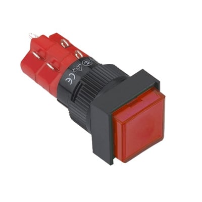 Illuminated Push Button Switch M16, 18x18 mm, 2DPDT, 2x OFF-(ON), 5A/250V, 2A/24V, 12V RED