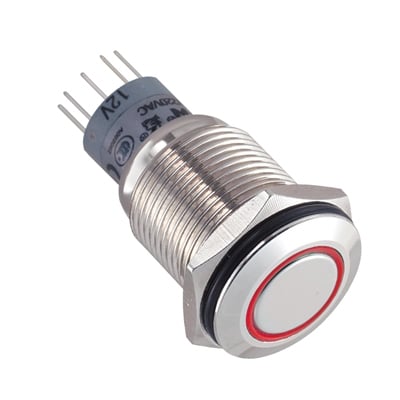 Illuminated Push Button Switch M16, OD:18 mm, 2DPDT, 2x OFF-(ON), 3A/250V, METAL, 12V RED