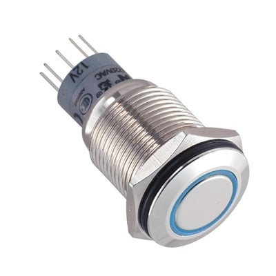 Illuminated Push Button Switch M16, OD:18 mm, 2DPDT, 2x OFF-(ON), 3A/250V, METAL, 12V BLUE