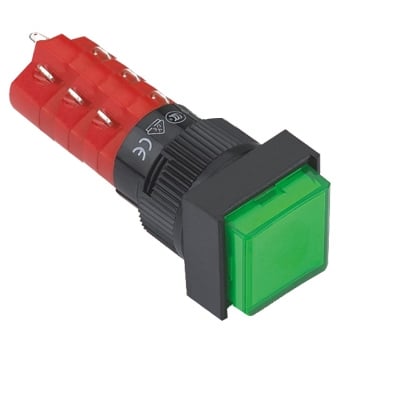 Illuminated Push Button Switch M16, square, 3NO/3NC, 5A/250V, 2A/24V, 12V GRN