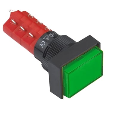 Illuminated Push Button Switch M16, 18x24 mm, 3NO/3NC, 5A/250V, 2A/24V, 12V GRN