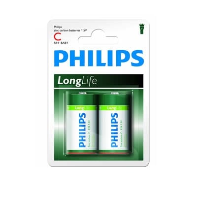 Battery PHILIPS LONGLIFE, C (R14), 1.5V, zinc-carbon