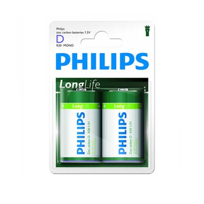 Battery PHILIPS LONGLIFE, D (R20), 1.5V, zinc-carbon
