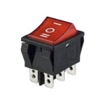 Illuminated Rocker Switch 28x22 mm, 6P, 2x ON-OFF-ON, 16A/250VAC, RED
