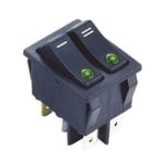 Illuminated Rocker Switch Double 28x22 mm, 6P, 2x ON-OFF, 15A/250VAC, GREEN DOT